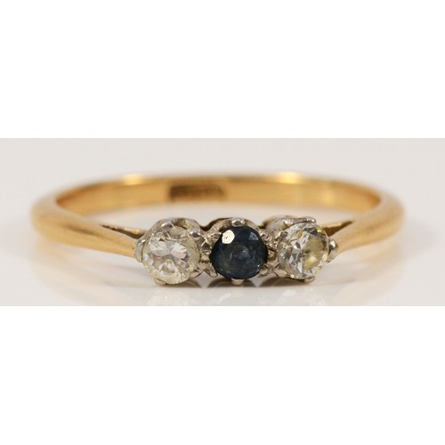 640 - An 18ct gold vintage sapphire and brilliant cut diamond three stone ring, N, 2g