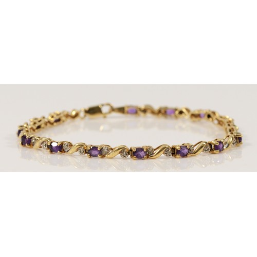 645 - A 10k gold amethyst and diamond bracelet, 19cm, 7.5g