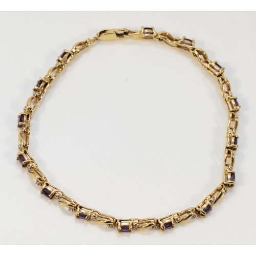 645 - A 10k gold amethyst and diamond bracelet, 19cm, 7.5g