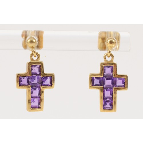 649 - A pair of 9ct gold amethyst cross drop earrings with scroll backs, 13mm cross length, 2.4g