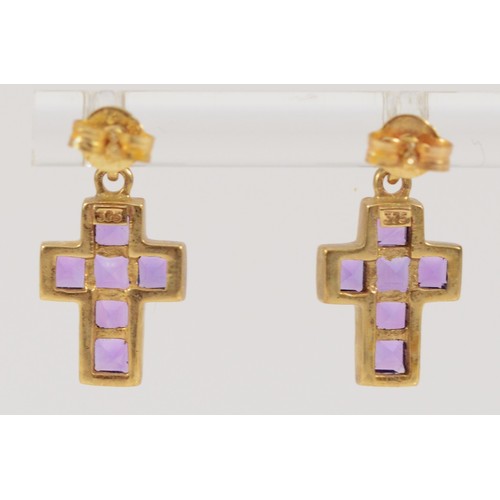 649 - A pair of 9ct gold amethyst cross drop earrings with scroll backs, 13mm cross length, 2.4g