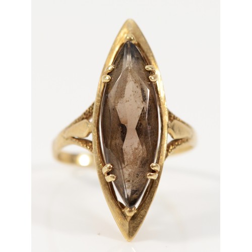 650 - A 9ct gold marquise cut smokey quartz cocktail ring, 20mm x 7mm quartz, N, 3.7g