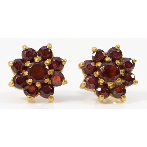 654 - A pair of 9ct gold vintage garnet cluster earrings with scroll backs, 10mm diameter, 2.2g