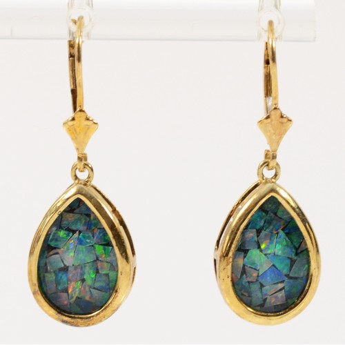 662 - A pair of 9ct gold opal triplet drop earrings with lever backs, 15mm drop, 2g