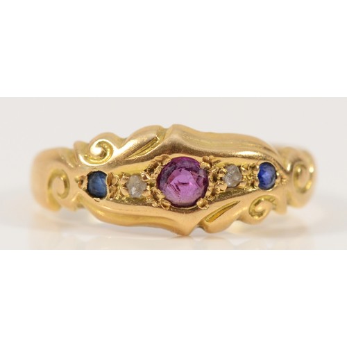 678 - An 18ct gold antique rose cut diamond, ruby and sapphire ring, engraved 