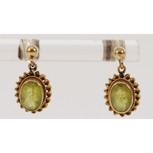 681 - A 9ct gold rope framed peridot drop earrings with scroll backs, 15mm total drop, 1.5g