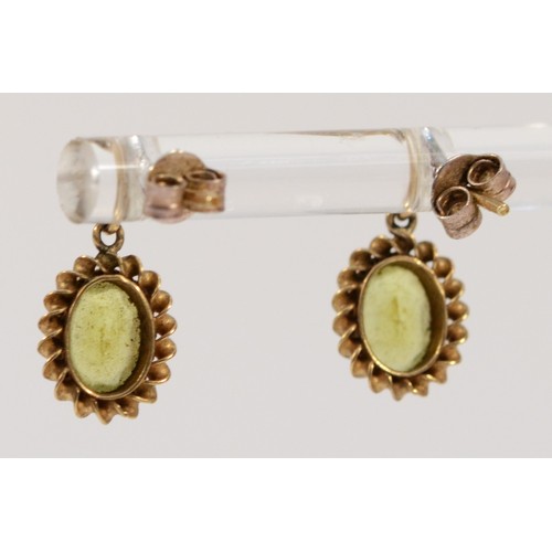 681 - A 9ct gold rope framed peridot drop earrings with scroll backs, 15mm total drop, 1.5g