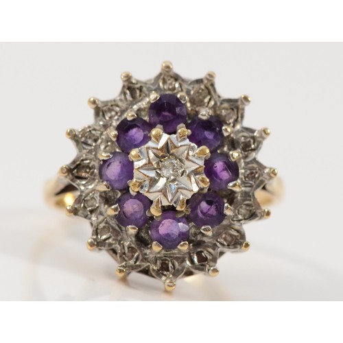 682 - A 9ct gold vintage single cut diamond and amethyst cluster ring, 16mm ring front, L 1/2, 3.8g