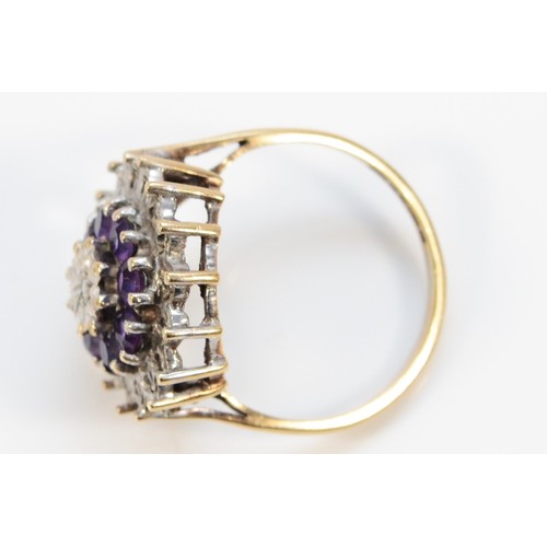 682 - A 9ct gold vintage single cut diamond and amethyst cluster ring, 16mm ring front, L 1/2, 3.8g