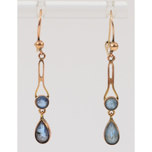 684 - A pair of 9ct rose gold antique blue paste drop earrings, 26mm total drop, 1.4g