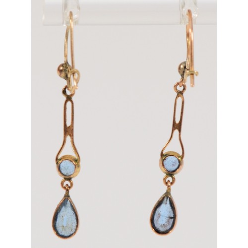 684 - A pair of 9ct rose gold antique blue paste drop earrings, 26mm total drop, 1.4g