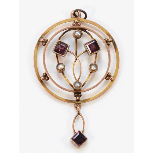 687 - A 9ct rose gold Edwardian seed pearl and garnet pendant, 40mm total length, 2.4g