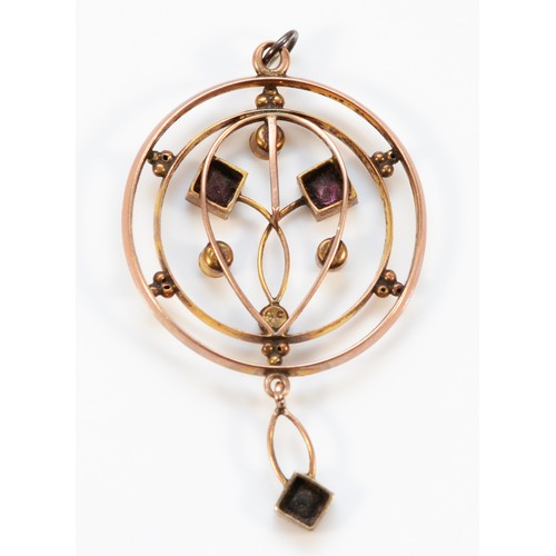 687 - A 9ct rose gold Edwardian seed pearl and garnet pendant, 40mm total length, 2.4g