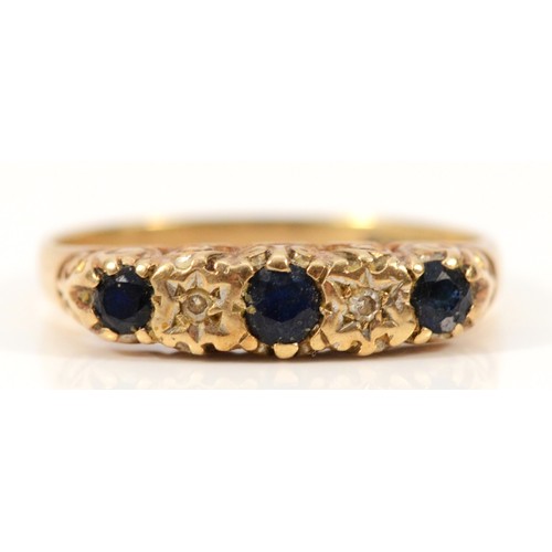 688 - A 9ct gold vintage old cut diamond and sapphire five stone ring, Q, 2.4g