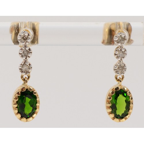 691 - A pair of 9ct gold diamond and diopside drop earrings, 18mm total drop, 1.9g