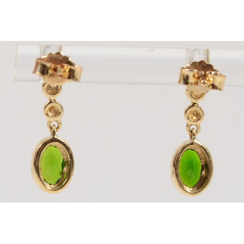 691 - A pair of 9ct gold diamond and diopside drop earrings, 18mm total drop, 1.9g