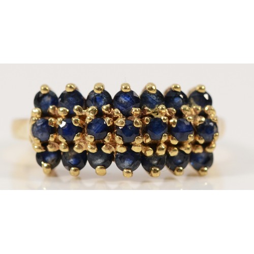 695 - A 9ct gold sapphire three row dress ring, P, 3.2g