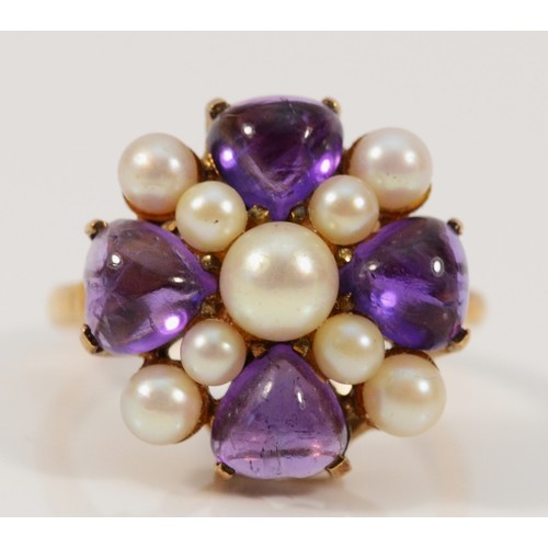 701 - A 9ct gold amethyst and cultured pearl cluster ring, 17mm ring front, O, 5.6g