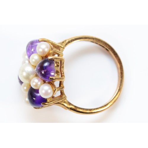 701 - A 9ct gold amethyst and cultured pearl cluster ring, 17mm ring front, O, 5.6g