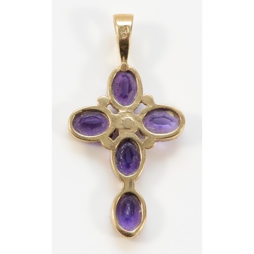 706 - A 9ct gold amethyst and cultured pearl cross pendant, 35mm total length, 3.3g