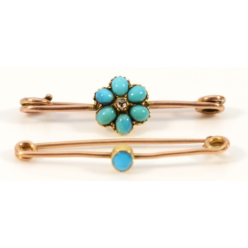 707 - Two 9ct gold turquoise and diamond bar brooches, 30mm across, 2.5g