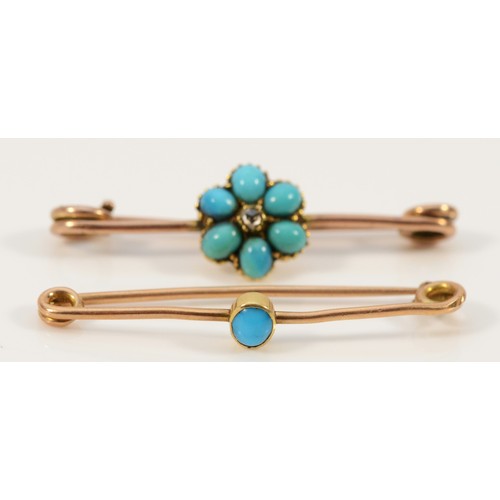 707 - Two 9ct gold turquoise and diamond bar brooches, 30mm across, 2.5g