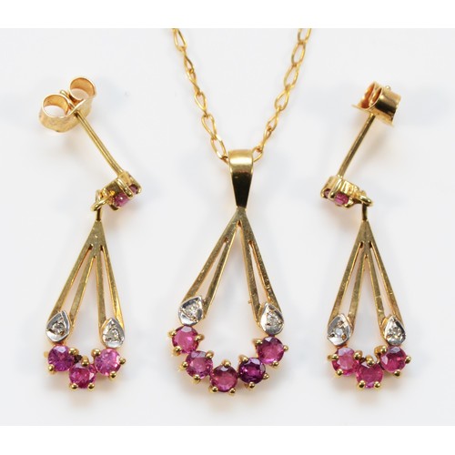 708 - A pair of 9ct gold diamond and ruby fan shaped earrings with scroll backs, together with matching pe... 