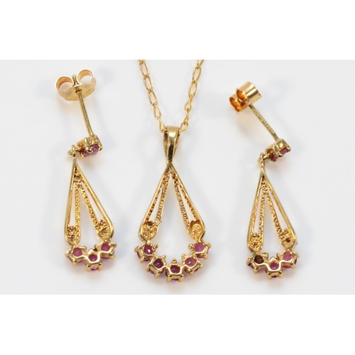 708 - A pair of 9ct gold diamond and ruby fan shaped earrings with scroll backs, together with matching pe... 