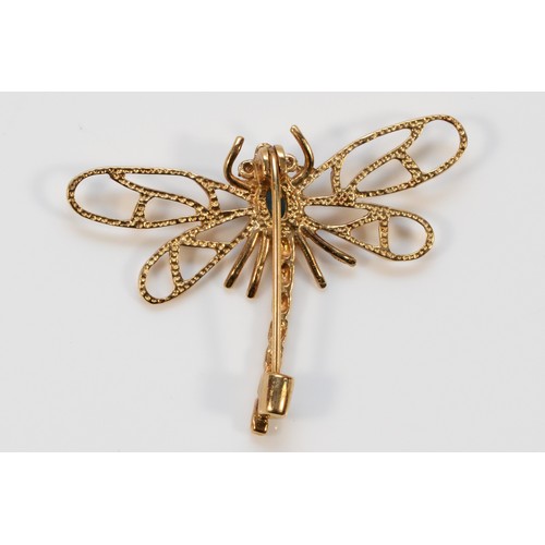 709 - A 9ct gold blue topaz and diamond dragonfly brooch, 43mm wingspan, 4g