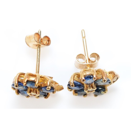 719 - A pair of 9ct gold vintage sapphire and cubic zirconia floral earrings with scroll backs, 10mm, 1.7g