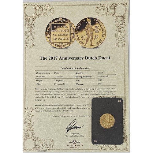 116 - A 2017 limited edition Dutch Anniversary Ducat, 3.49gm of 23ct gold, case, certificate.