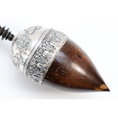 11 - A 19th century Indian silver mounted coconut hookah base, unmarked with hardwood pipe, nut 18 x9cm, ... 