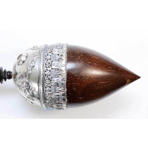 11 - A 19th century Indian silver mounted coconut hookah base, unmarked with hardwood pipe, nut 18 x9cm, ... 