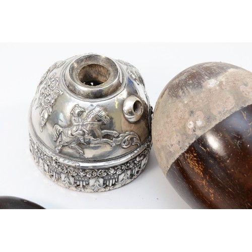 11 - A 19th century Indian silver mounted coconut hookah base, unmarked with hardwood pipe, nut 18 x9cm, ... 