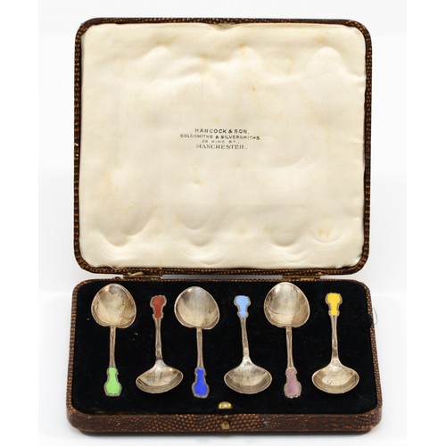 23 - A silver and enamel set of six coffee spoons, Birmingham 1939/40, 45gm, Hancocks, Manchester case