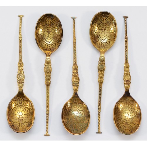 24 - A silver gilt and enamel set of five commemorative Coronation tea spoons, only two hallmarked, Birmi... 