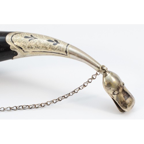 35 - An unmarked silver and niello drinking horn, probably Russian, early 20th century, chain, 28cm