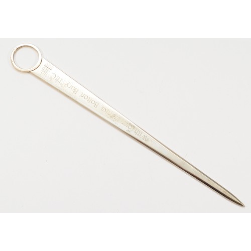 39 - A silver presentation letter opener, by Mappin & Webb, Birmingham 1996, in the form of a meat skewer... 