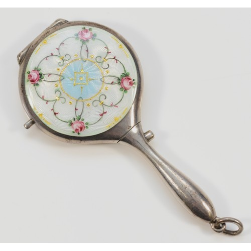 42 - A German .935 standard silver and guilloche enamel novelty compact, in the form of a hand mirror, op... 