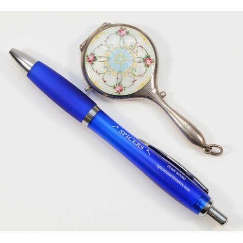 42 - A German .935 standard silver and guilloche enamel novelty compact, in the form of a hand mirror, op... 