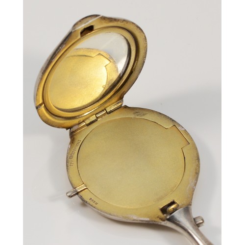 42 - A German .935 standard silver and guilloche enamel novelty compact, in the form of a hand mirror, op... 