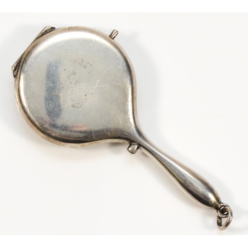 42 - A German .935 standard silver and guilloche enamel novelty compact, in the form of a hand mirror, op... 