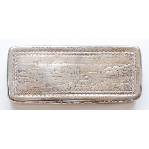 48 - A Victorian silver castle top snuff box, by WP, London 1843, depicting a town scene, ribbed body8 x ... 