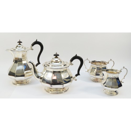 52 - A four piece tea and coffee service, Sheffield 1936, of octagonal baluster form with engraved collar... 