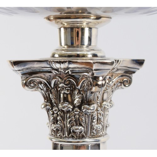 53 - An impressive silver column oil lamp, by Daniel & Arter, Birmingham 1913, the acanthus leaf faceted ... 