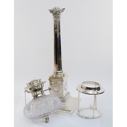 53 - An impressive silver column oil lamp, by Daniel & Arter, Birmingham 1913, the acanthus leaf faceted ... 