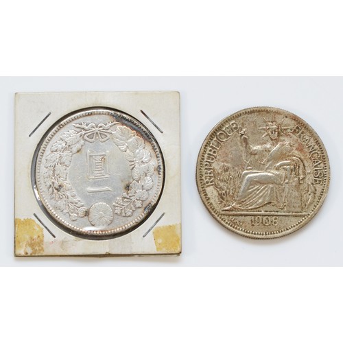 55 - A Japanese Meiji one Yen silver coin and a 1908 Indo China French Piastre (2).