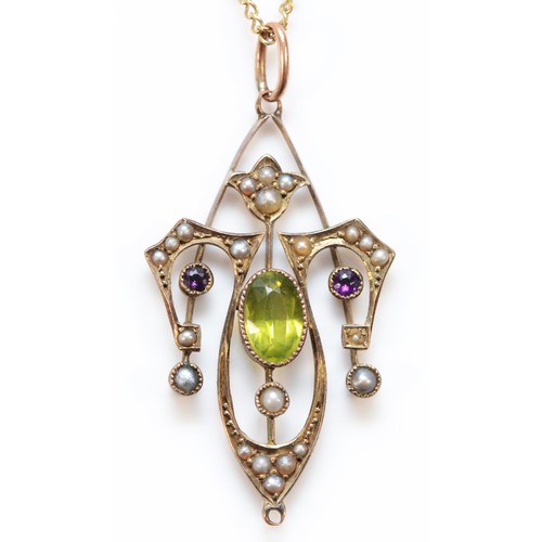 82 - An Edwardian 9ct gold seed pearl, amethyst and peridot pendant with a chain, 38mm total pendant leng... 