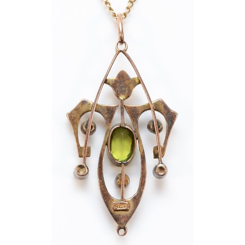 82 - An Edwardian 9ct gold seed pearl, amethyst and peridot pendant with a chain, 38mm total pendant leng... 