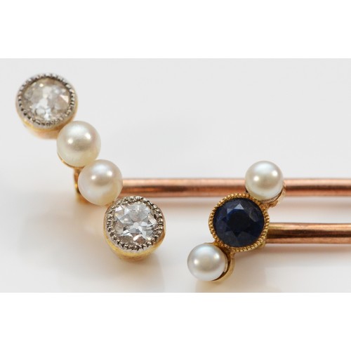 83 - Two 15ct gold Edwardian stick pins, one with old cut brilliant diamonds and seed pearls, the other w... 